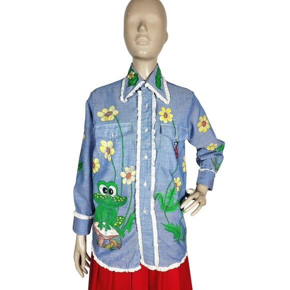 VTG 70s Artsy Hand Painted Eyelet Lace Trim Frog Turtle Ladybug Bee Flowers Top - Picture 4 of 16